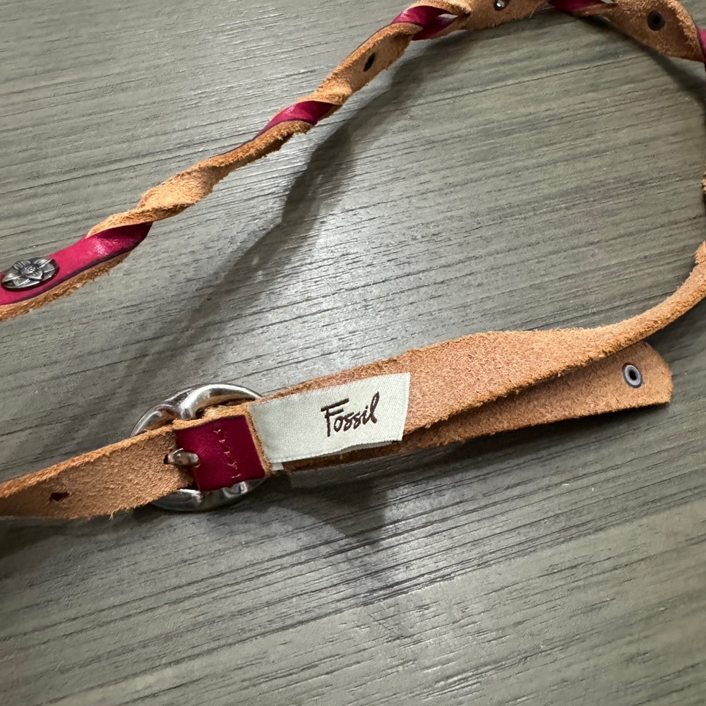 Fossil Pink and Tan Braided Leather Belt with Silver Ring Buckle 40” Long - Picture 2 of 7